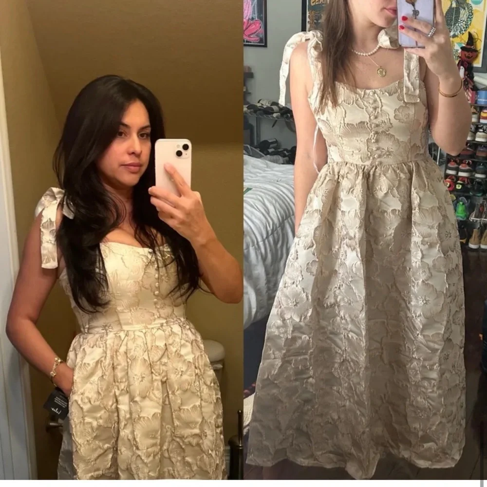 Lulu’s Cream & Gold Floral Jacquard Tie Strap Pockets Full Skirt MIDI Dress, S - Picture 2 of 14